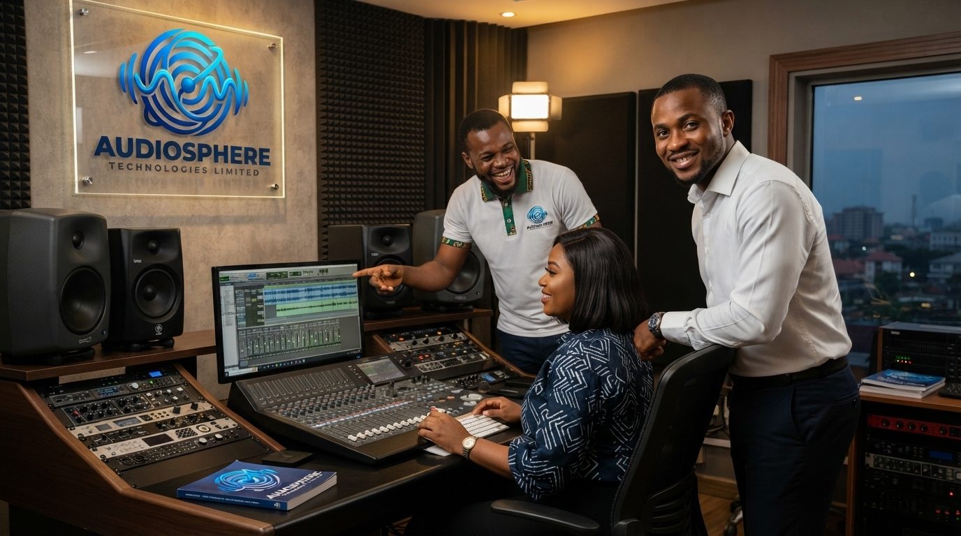 Team collaborating in an audio studio