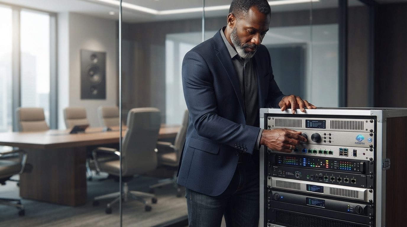 Audio engineer adjusting equipment