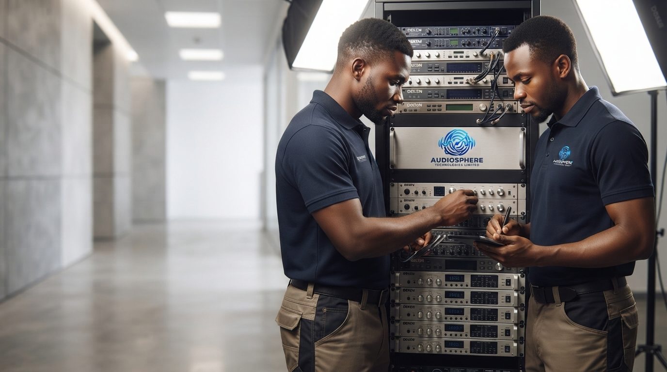Technician calibrating an audio processor
